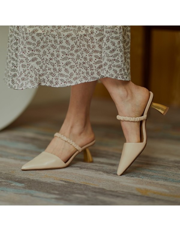 2020 calfskin pointed calf Mid Heel thin heel half slipper Xia Xin Baotou profiled heel high heel sandal women's shoes 