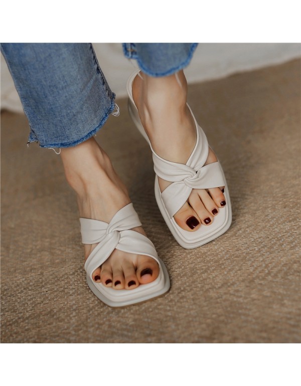 High heeled slippers women wear new simple slope heel sandals in spring and summer of 2021. Women's Cowhide half support one-way sandals