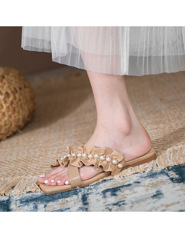 2021 summer new flat bottom lovely pearl slippers comfortable fairy style sweet low heel flowers wear women's slippers outside