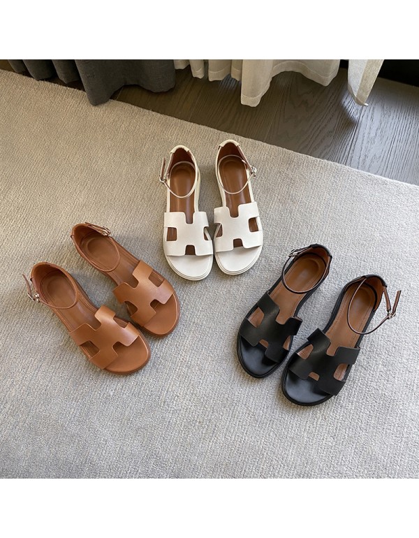 2021 summer new net red same style ins casual bag with round head I-shaped H-shaped thick bottom flat sandals for women