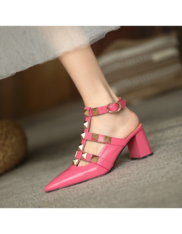 French retro rivet toe sandals back empty 2021 summer new European and American thick heel high-heeled women's shoes