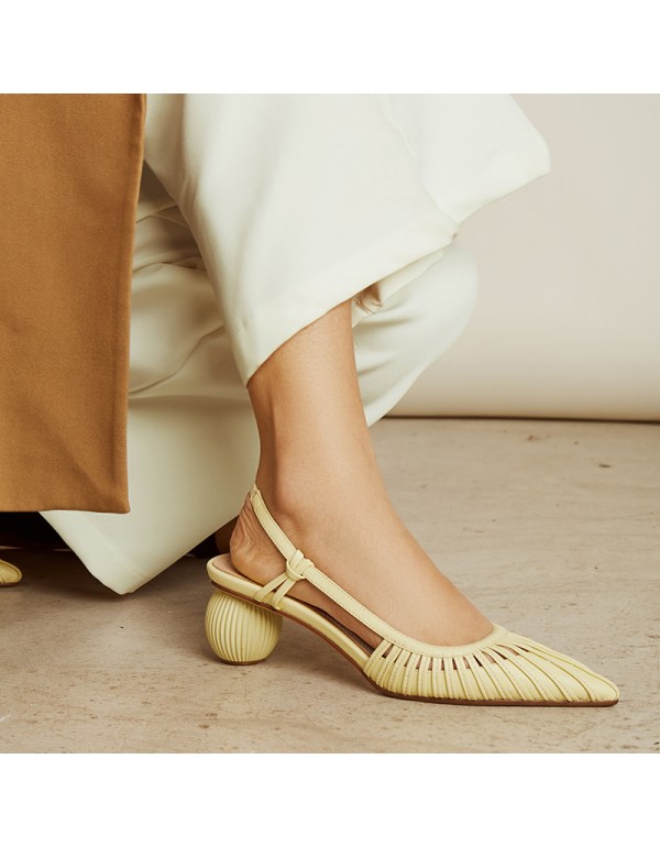 Women's sandals 2020 new sharp new summer Baotou cowhide Mid Heel Fairy 