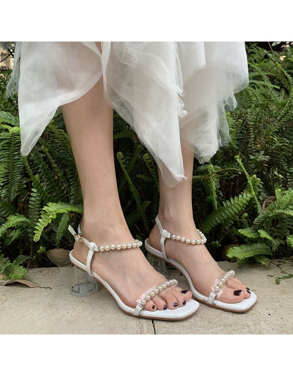 2021 summer new one line belt pearl sandals female...