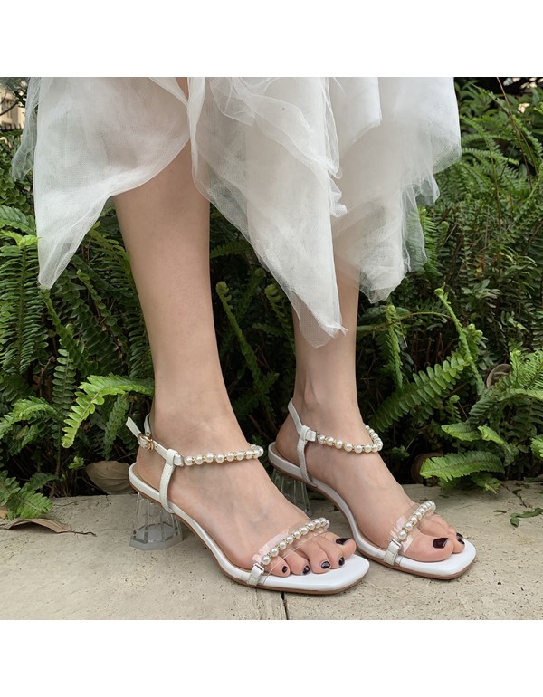 2021 summer new one line belt pearl sandals female summer fairy temperament crystal medium thick heel cowhide women's shoes