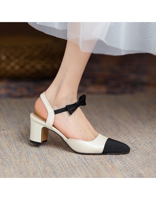 2021 summer new bowknot high-heeled Baotou sandals women's shoes small fragrance color matching inside and outside full leather thick heels elegant