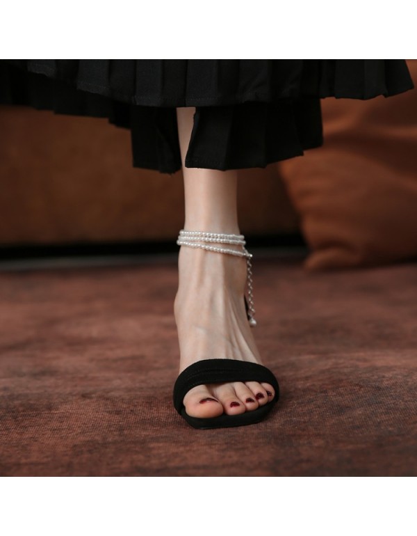 2021 summer Korean elegant beaded belt thick heel lady sandals fashion open toe one line back pack high heels 