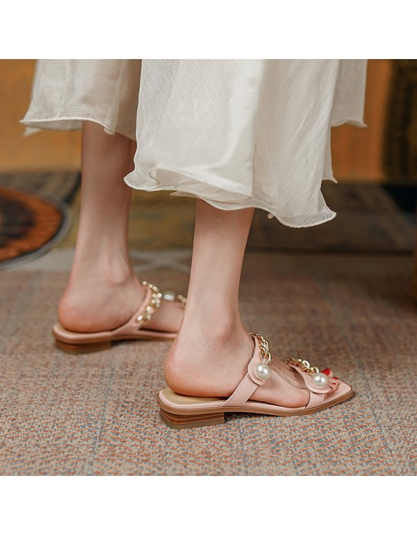 2021 summer fairy slippers wear Holiday Beach retro pearl metal chain flat bottom one-way belt female sandals