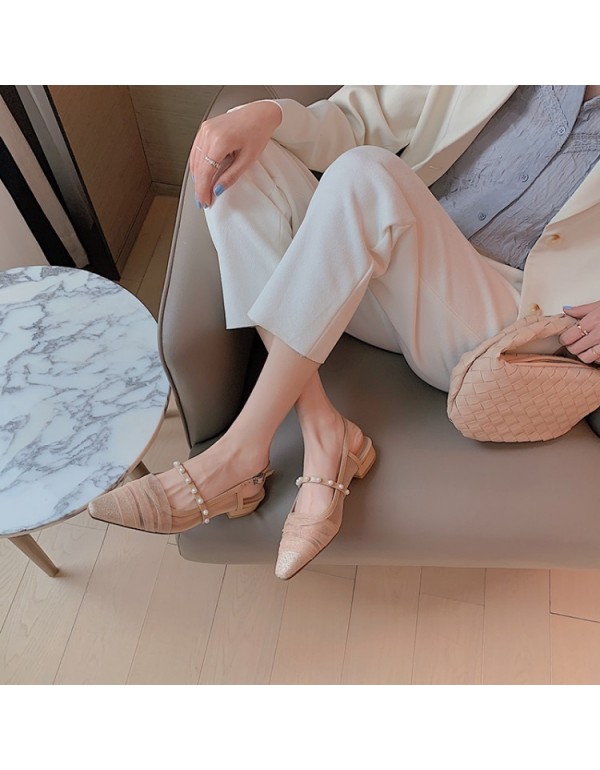 2021 summer pointed lace covered slippers sandals women wear thick heel low heel half mop Muller shoes women's single shoes 