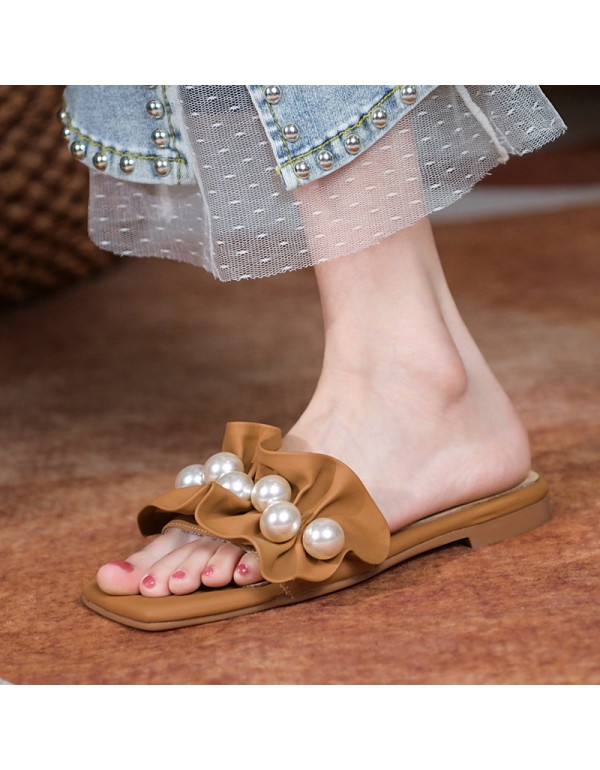Flat slippers women wear 2021 New Pearl fairy style in summer, simple Korean version ins two wear beach sandals