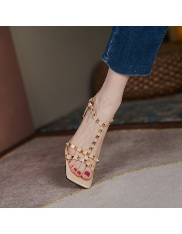 2021 summer new fashion cowhide sandals European and American style square head rivet t-button high heels thick heel sandals women