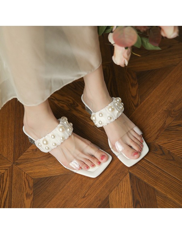Show foot white 2021 summer version gentle gauze Beaded lady sandals transparent herringbone belt medium thick heel sandals for external wear