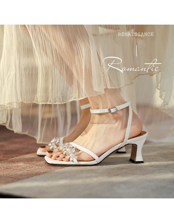 Summer European and American simple Rhinestone open toe high-heeled sandals 2021 new thick heel Korean one line buckle fairy style 