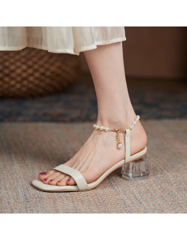 2021 new line sandals women's Korean version simple Korean version crystal heel temperament thick heel pearl gentle wind women's sandals