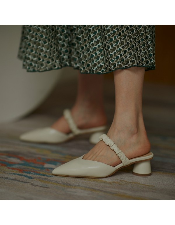 Summer 2020 women's wear medium heel thick heel Baotou Mueller comfortable women's shoes pointed fashion cowhide women's sandals 
