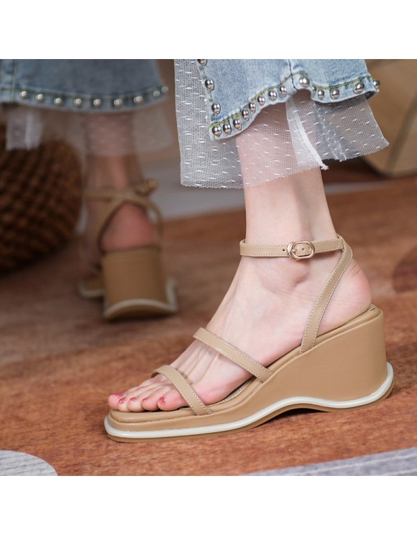 Slope heel sandals women's summer 2021 new muffin thick soled British one-line buckle high-heeled women's shoes
