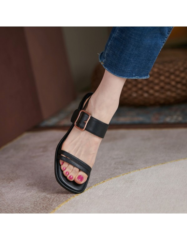Buckle Roman thin belt open toe sandals women's summer 2021 new style cow leather retro thick heel middle heel nude temperament 