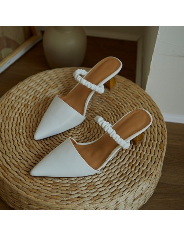 2020 calfskin pointed calf Mid Heel thin heel half slipper Xia Xin Baotou profiled heel high heel sandal women's shoes 