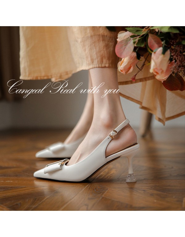 2021 summer Rhinestone Baotou sandals female pointed elegant metal buckle cowhide fine heel high heels fairy style