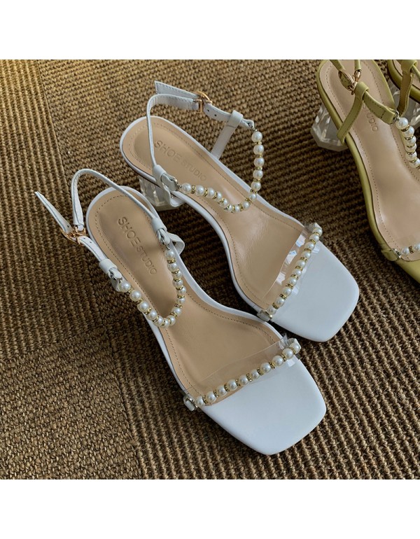 2021 summer new one line belt pearl sandals female summer fairy temperament crystal medium thick heel cowhide women's shoes