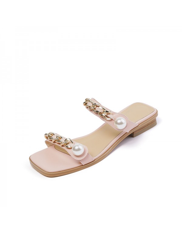 2021 summer fairy slippers wear Holiday Beach retro pearl metal chain flat bottom one-way belt female sandals