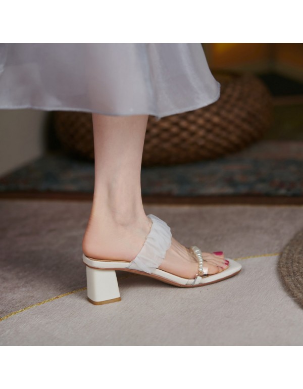 2021 summer new square head lace pearl open toe middle heel slippers Korean thick heel women's slippers