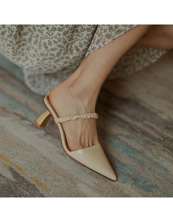 2020 calfskin pointed calf Mid Heel thin heel half slipper Xia Xin Baotou profiled heel high heel sandal women's shoes 