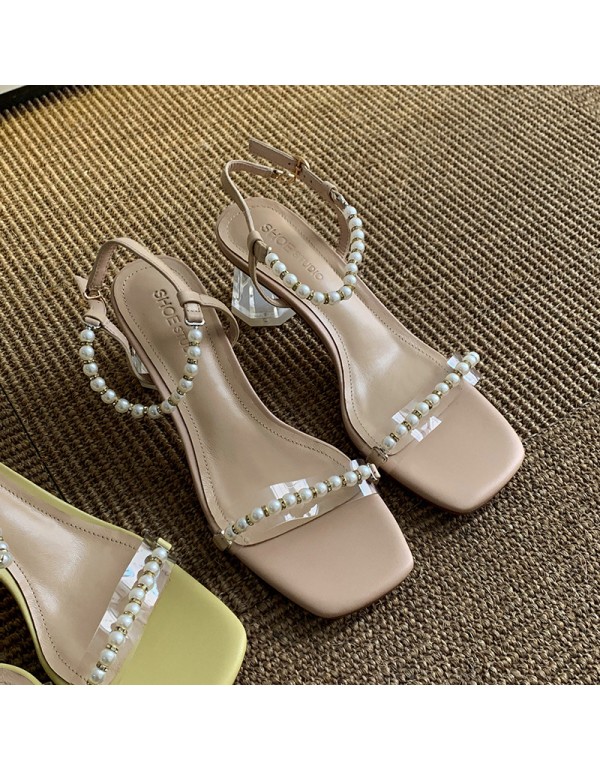 2021 summer new one line belt pearl sandals female summer fairy temperament crystal medium thick heel cowhide women's shoes