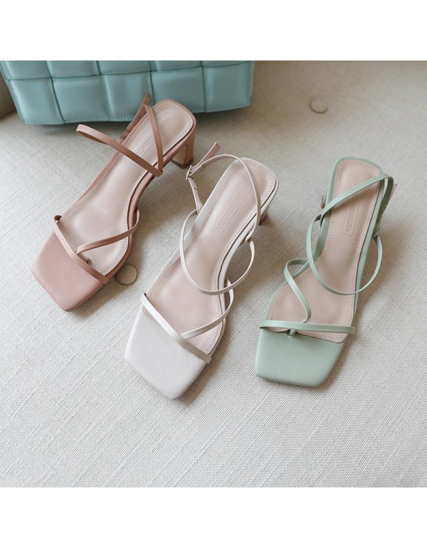 2021 new summer clip toe sandals women's thick heel FAIRY DRESS Roman mid heel high heels 