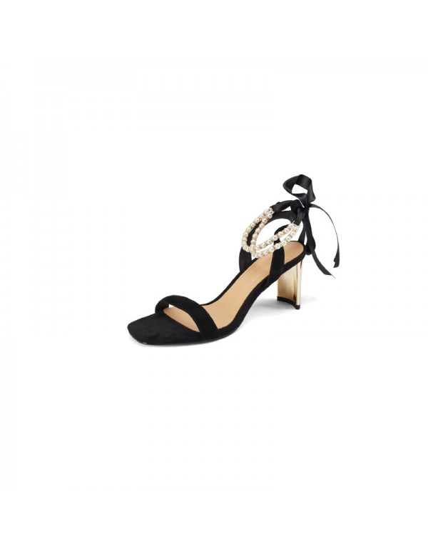 Net red thick heel sandals fairy style 2021 summer new fashion pearl bow temperament Roman high heels 