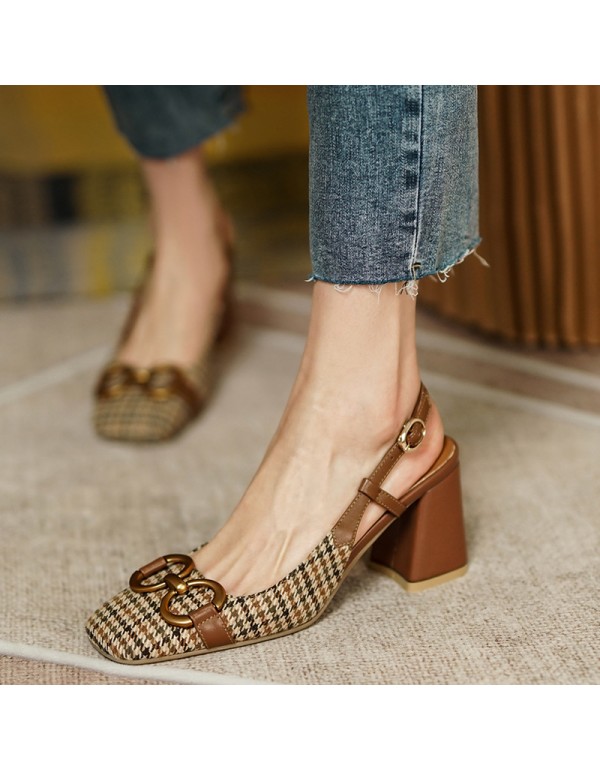 French retro Plaid high-heeled sandals women's spring and summer 2021 small fragrance square head horse rank buckle Baotou thick heel shoes