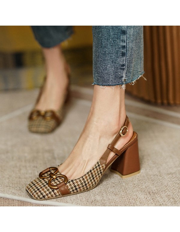 French retro Plaid high-heeled sandals women's spr...