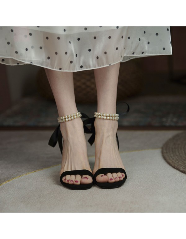 Net red thick heel sandals fairy style 2021 summer new fashion pearl bow temperament Roman high heels 