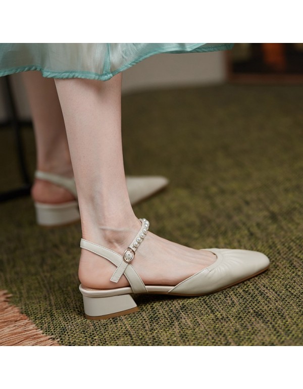 2021 summer new fairy style Baotou one line buckle flat sandals square head pearl low heel Mary Jane single shoes
