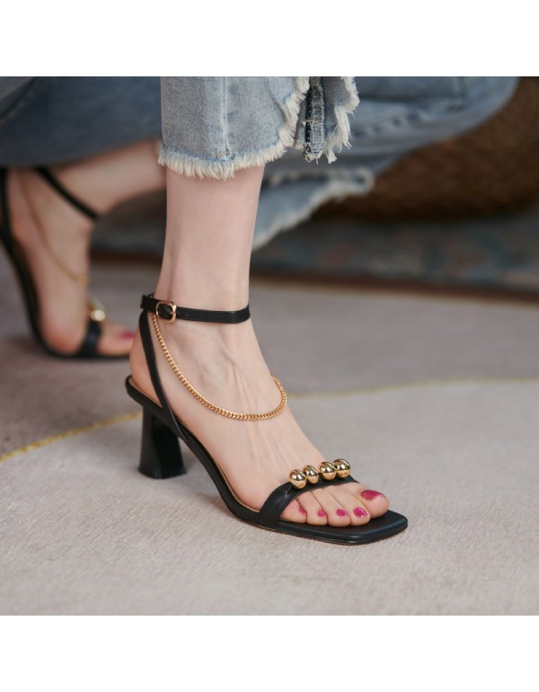 French special-shaped high-heeled sandals T-shaped buckle pearl chain women's shoes summer middle heel Mary Jane shoes fashion