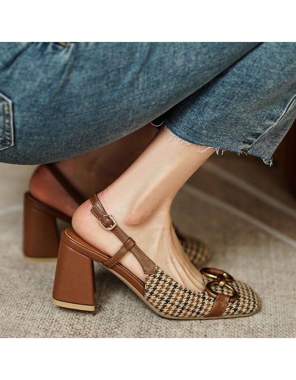 French retro Plaid high-heeled sandals women's spring and summer 2021 small fragrance square head horse rank buckle Baotou thick heel shoes