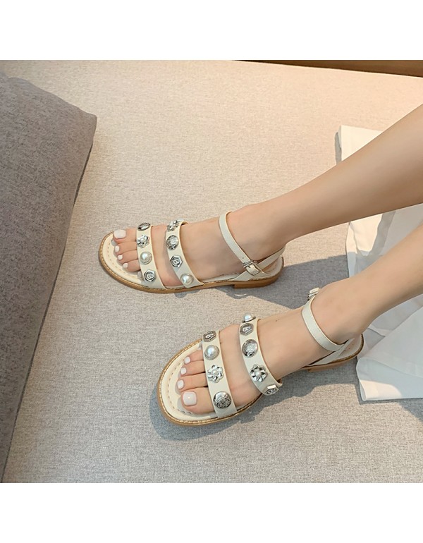 Summer 2021 new metal open toe sandals women's sweet pearl flat heels fairy gentle sandals