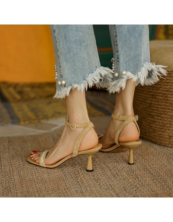 2021 spring and summer new one pearl frosted high-heeled sandals simple sexy temperament one line buckle shoes