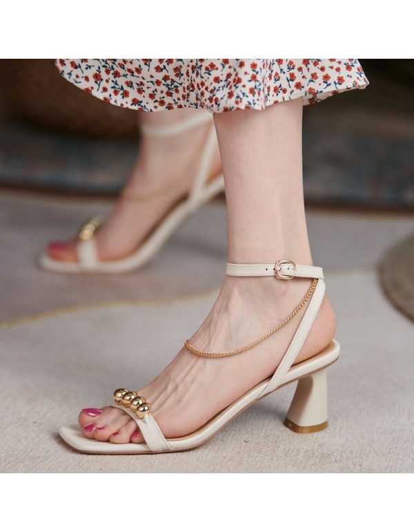 French special-shaped high-heeled sandals T-shaped buckle pearl chain women's shoes summer middle heel Mary Jane shoes fashion