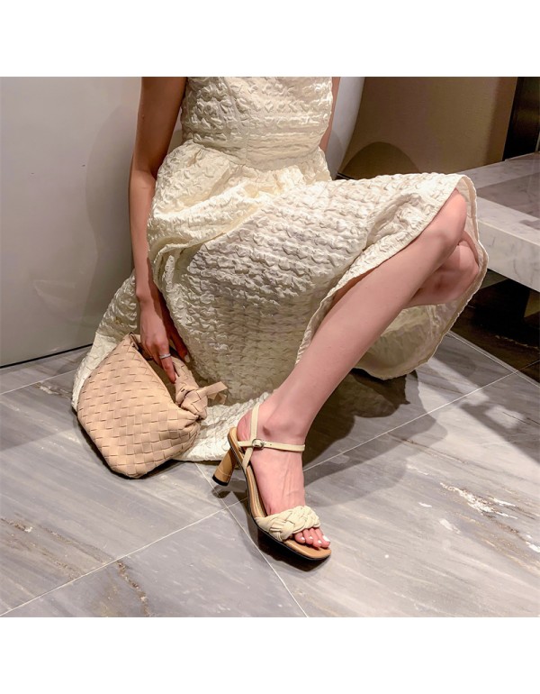 2021 summer new one line braided high-heeled thick heels with braided braids ins Korean version net red women's high-heeled sandals