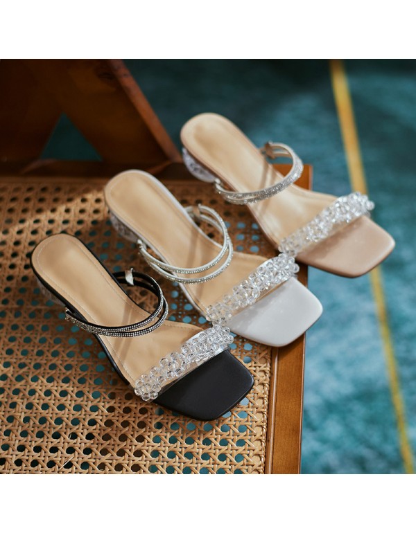 Rhinestone sandals female summer two wear thick heel crystal heel 2021 new fairy style transparent belt holiday slippers