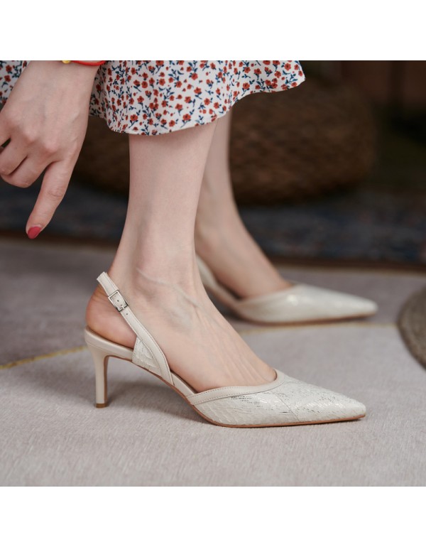 2021 new French one line buckle with thin heel pointed shallow mouth high heels summer hollow Baotou women's sandals
