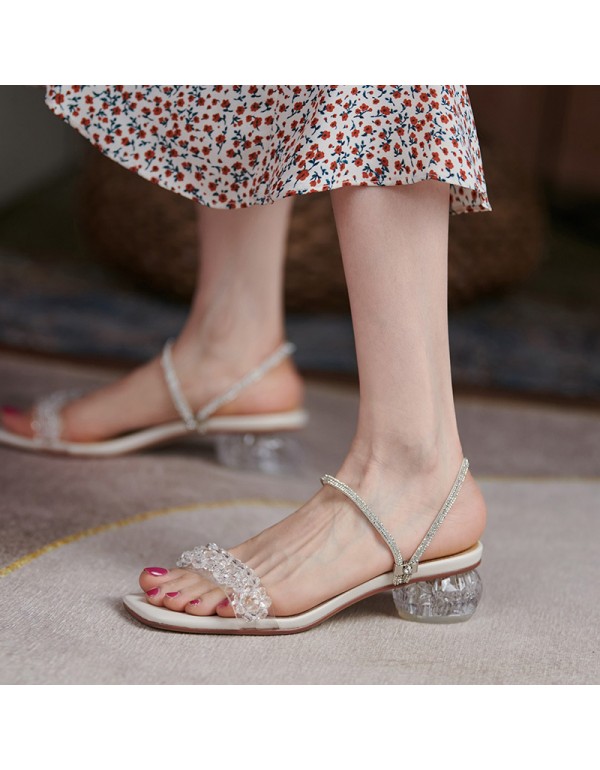 Rhinestone sandals female summer two wear thick heel crystal heel 2021 new fairy style transparent belt holiday slippers