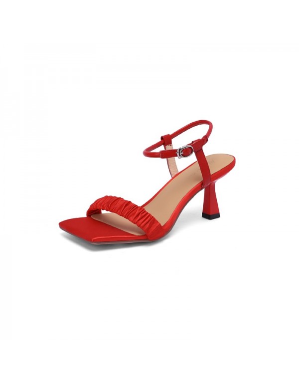 Pleated one-line sandals women's summer and Korean version simple thin high heels 2021 new open toe square head one-line buckle