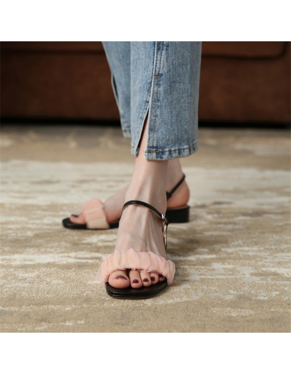 2021 summer new sandals fairy wind gauze sandals round head low heel square head ins Korean style one-sided belt shoes