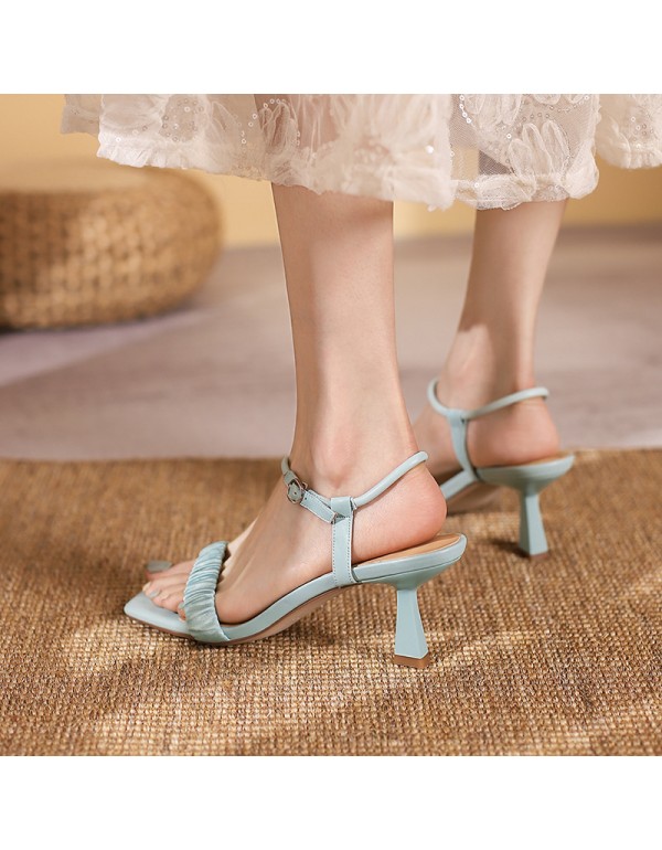 Pleated one-line sandals women's summer and Korean version simple thin high heels 2021 new open toe square head one-line buckle