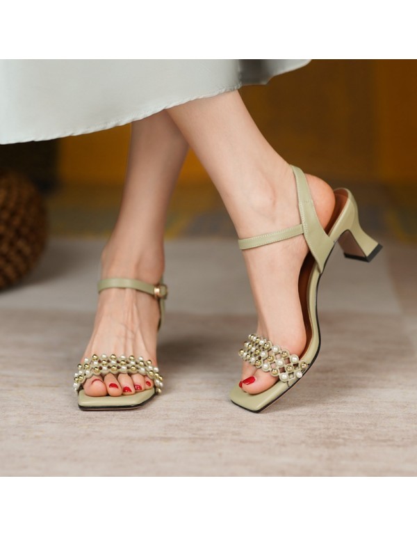 Small fresh pearl flat belt sandals thick heels new style square head open toe simple fairy high heels in summer 2021