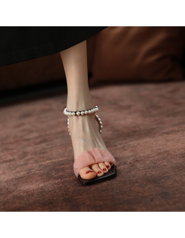 Gauze French pearl one line Roman sandals with thick heels 2021 summer new cowhide high heels square headed fairy women's shoes 