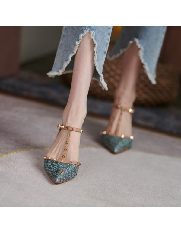 2021 summer new fishskin rivet pointed high heels with one-line buckle and fine heel cowhide wrapped sandals women's shoes