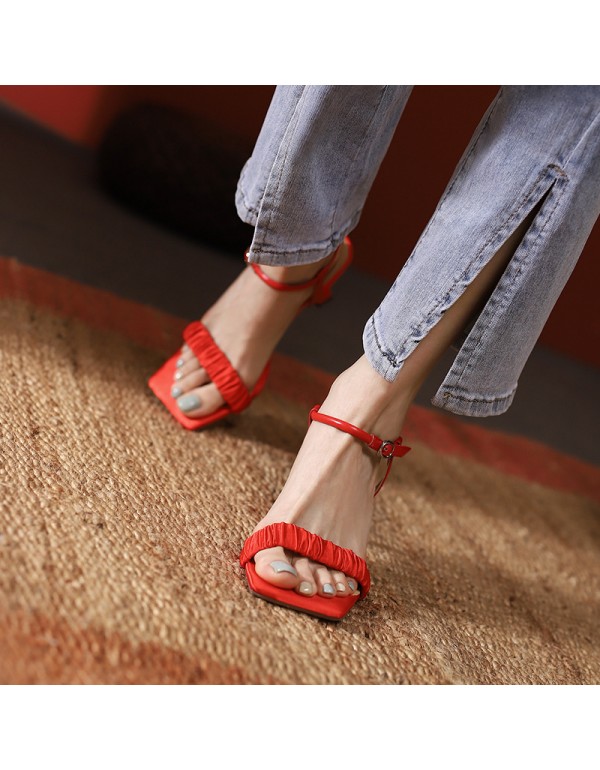 Pleated one-line sandals women's summer and Korean version simple thin high heels 2021 new open toe square head one-line buckle