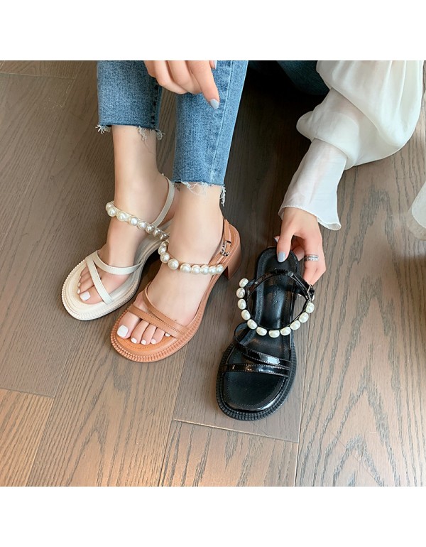 French Open Toe sandals women's summer thick heels 2021 new one-line buckle pearl retro fairy style high heels